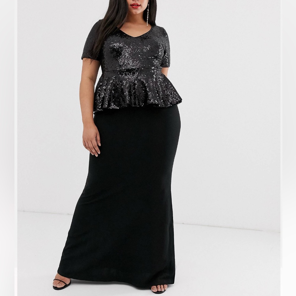 ASOS Plus Size City Goddess black maxi dress sequin peplum frill size 12